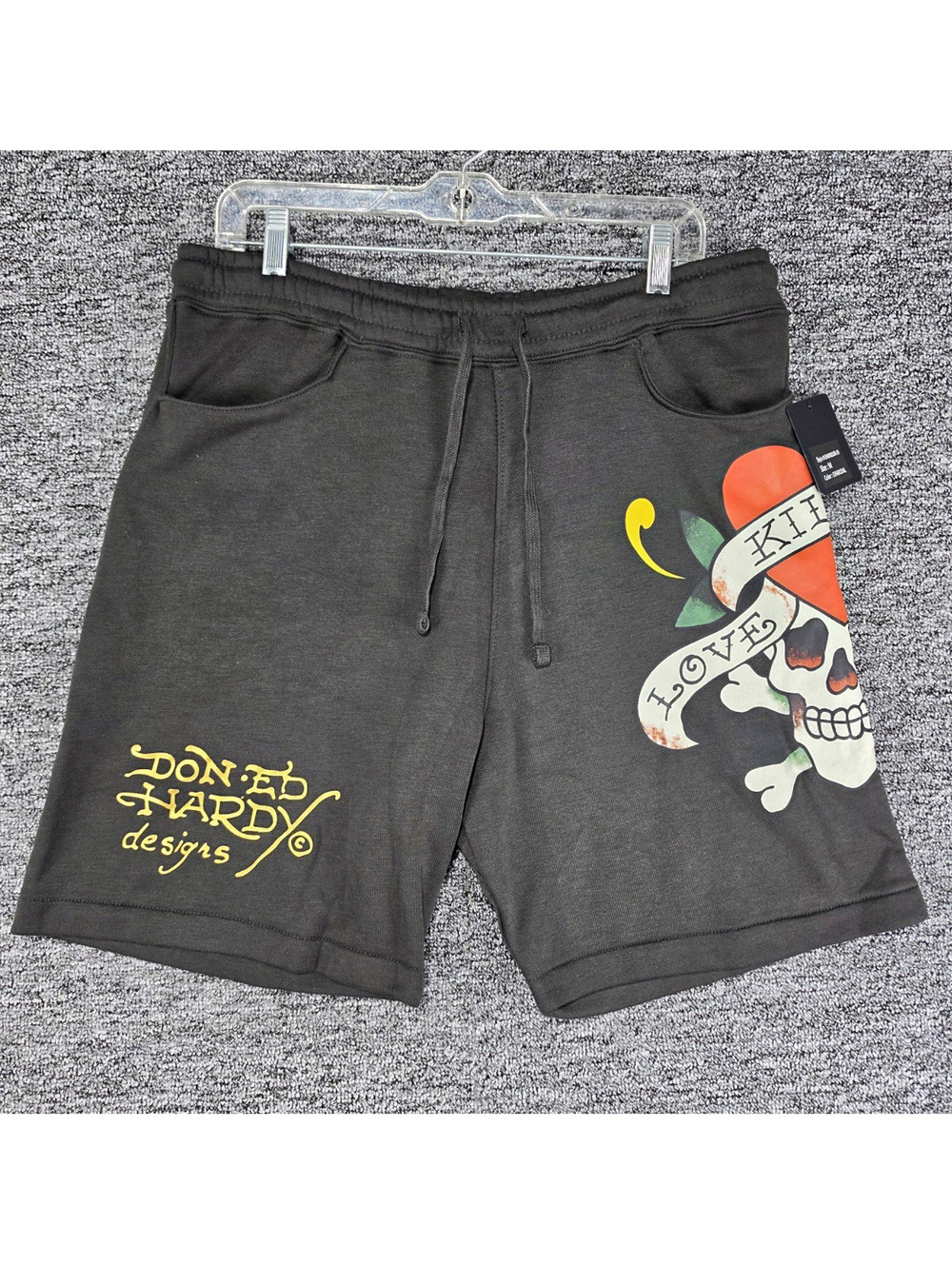 Ed Hardy Graphic Print Fleece Sweat Shorts Men Drawstring Pockets Charcoal M 8"